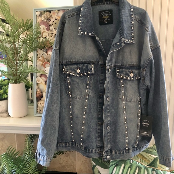 NWT! Denim Vintage Stonewashed Embellished Pearl Rhinestone Coat 2X - Picture 1 of 13